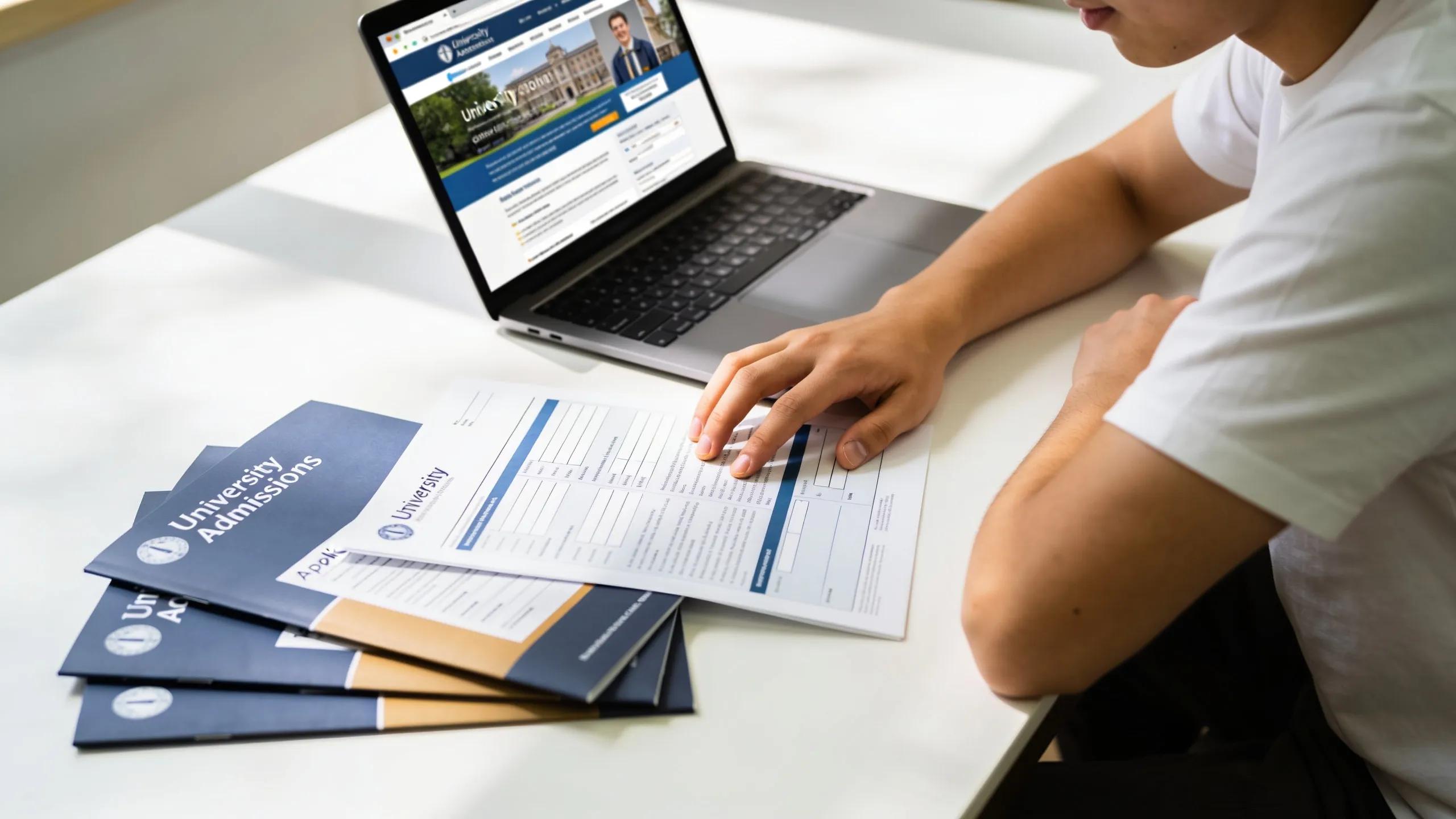 Student studying application documents for German university admission requirements in an organized workspace.